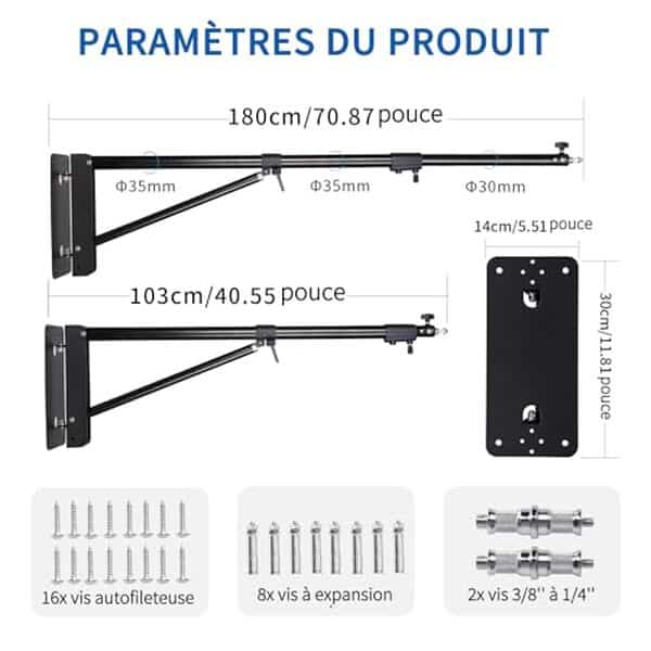 Découvrez notre avis détaillé sur le support mural Feifanteam doté d'un bras de suspension rotatif de 180 cm conçu pour optimiser l'éclairage annulaire dans votre studio ou salon.