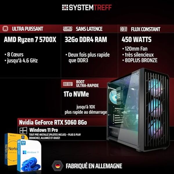 Découvrez notre test détaillé du PC gaming SystemTreff équipé du processeur AMD Ryzen 7 5700X et de la carte graphique RTX 5060 : performance, design et rapport qualité-prix analysés.